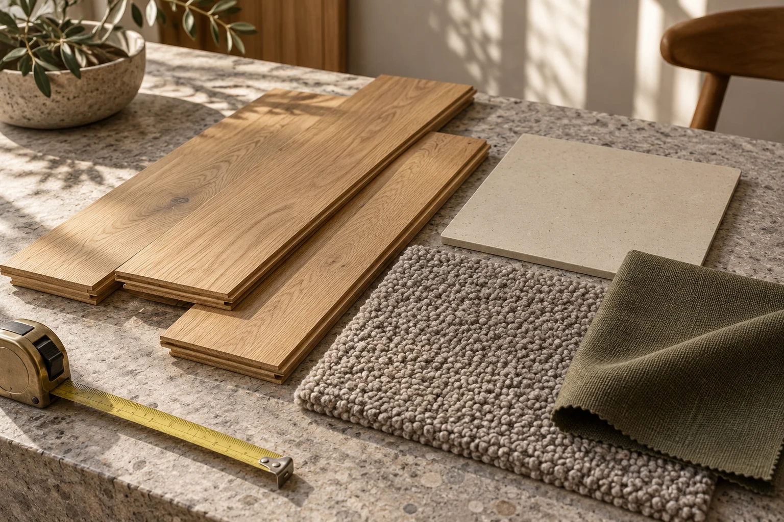Illustratieve hout-, tapijt- en vloerstaal op een werktafel, geen collectie of project van Weerdesteijn